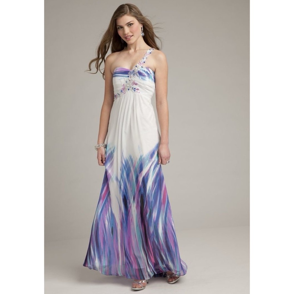 Morgan & Co White Multi Prom Dress One Shoulder Beaded - Size 5/6